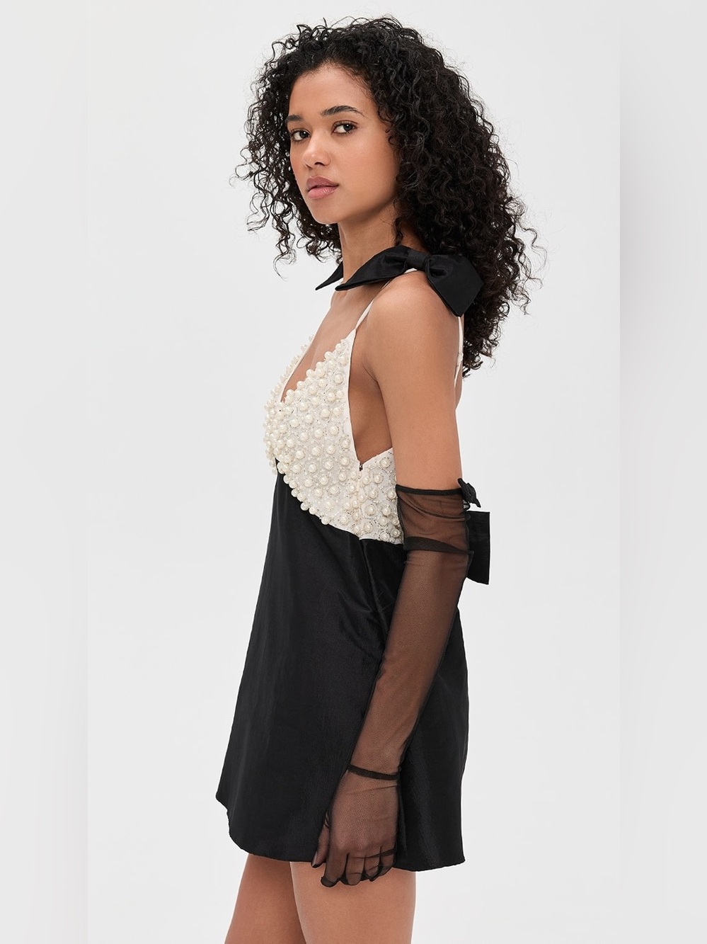 For Love & Lemons Pearly Bow Black Satin Mini Dress Size Small NWT - Picture 4 of 17